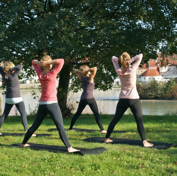 Gruppe von Frauen macht Yoga unter einem Baum